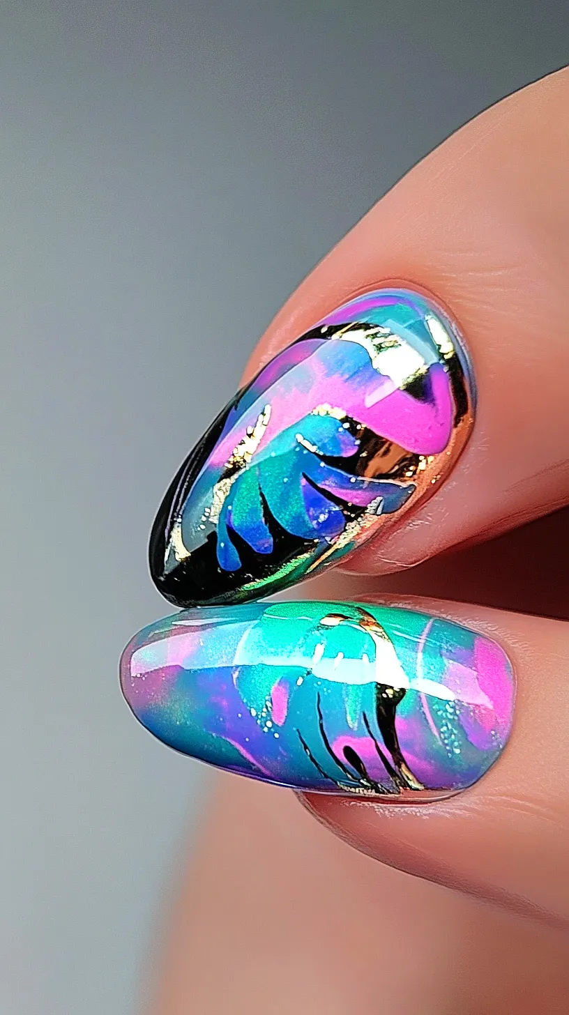 40+ Aesthetic Ocean Nails You Will Adore 25 Vibrant and artistic nail art featuring a mix of blue, pink, and purple colors, adorned with black abstract shapes and luxurious gold accents for a bold and strikingly chic style.
