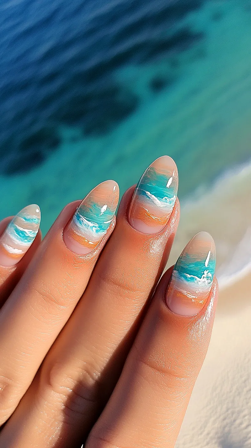 40+ Aesthetic Ocean Nails You Will Adore 19 Beach-themed nail design featuring a blend of blue, white, and sandy beige colors that resemble ocean waves along a sandy shore, expressing a love for the ocean and providing a sense of calm and relaxation.
