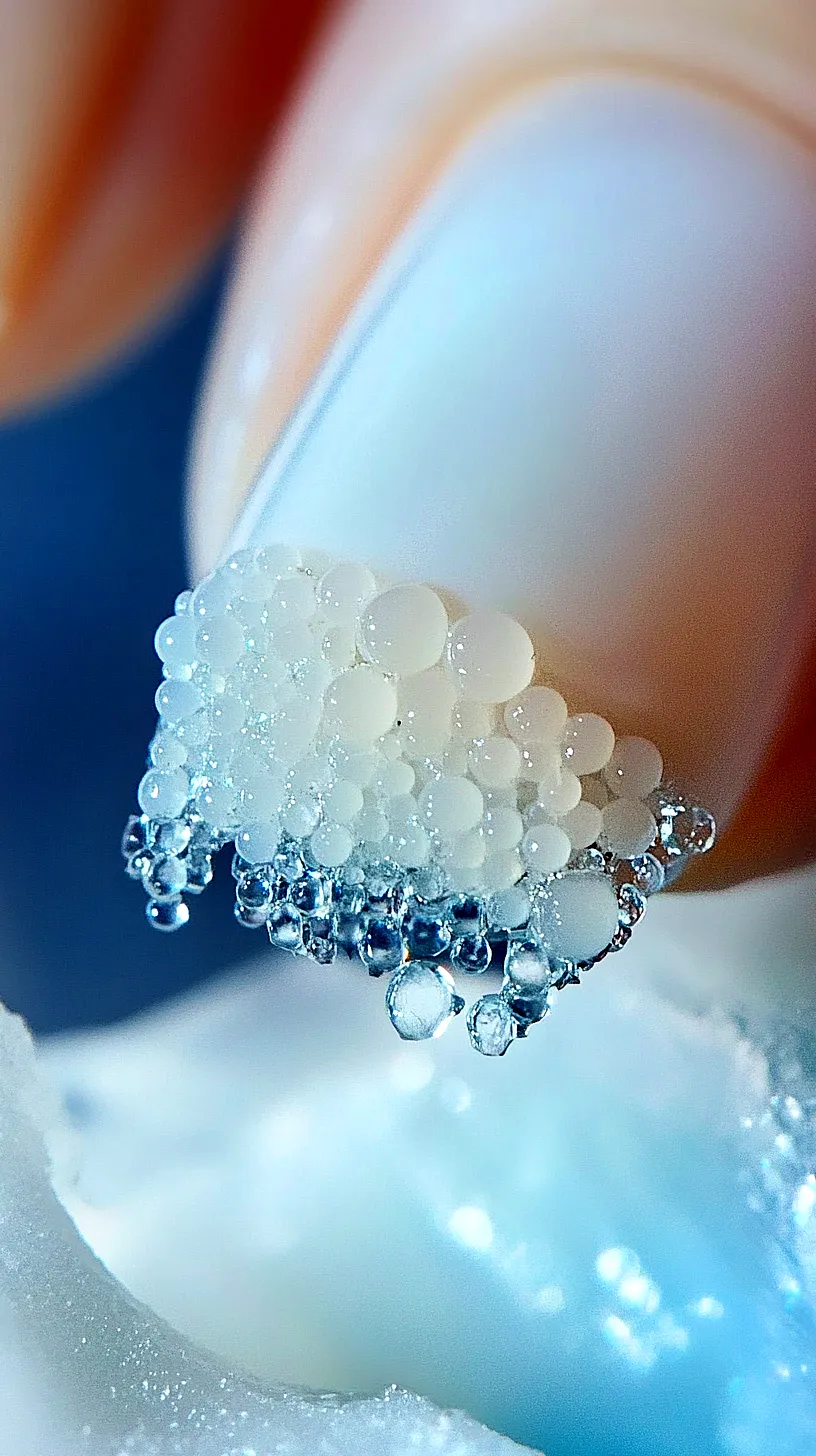 40+ Aesthetic Ocean Nails You Will Adore 10 Close-up image of a hand showcasing a beaded nail design. The nails display an intricate pattern of tiny, translucent beads, creating a unique and elegant look.