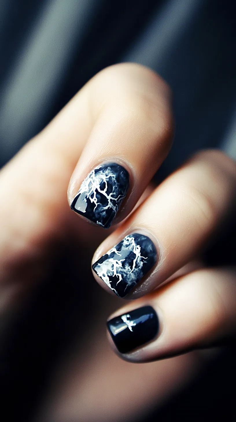 40+ Aesthetic Ocean Nails You Will Adore 40 Image of a dark manicure featuring an edgy white lightning bolt design, providing a stark contrast against the black nails. The design is unique and bold, representing a fierce and trendy vibe.