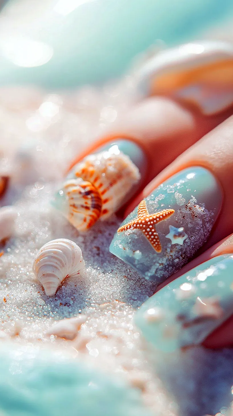 40+ Aesthetic Ocean Nails You Will Adore 3 Light blue beach-themed manicure featuring tiny seashell and starfish motifs with a sand-like texture, representing a stylish way to incorporate a seaside vibe into an everyday look.