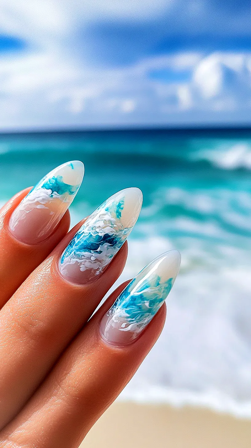 40+ Aesthetic Ocean Nails You Will Adore 37 Image of a hand showcasing nail art inspired by ocean waves, with shades of blue and white mimicking the sea. The background matches the nail design, enhancing the overall oceanic theme.