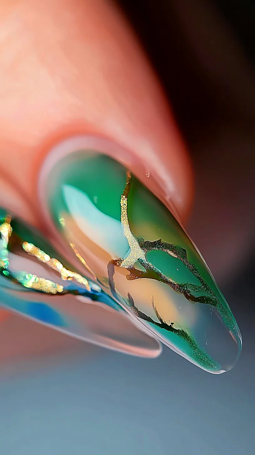 40+ Aesthetic Ocean Nails You Will Adore 27 Image of long, pointed acrylic nails featuring a unique nail art design. The background showcases a gradient of green, gold, and other colors, overlaid with fine lines resembling a tree or branch pattern. The design exudes creativity and depth, drawing attention to its uniqueness and artistry.