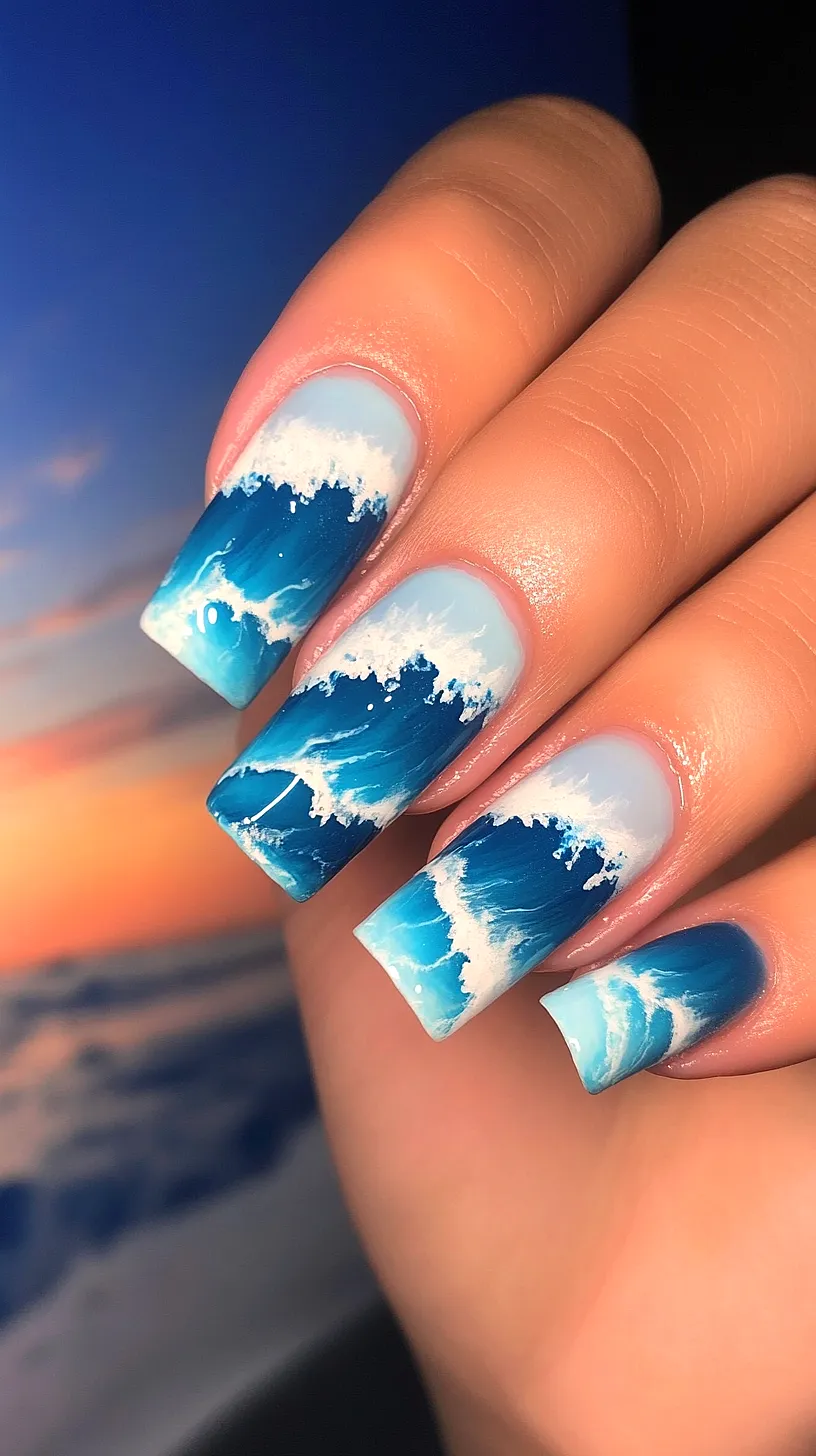 40+ Aesthetic Ocean Nails You Will Adore 6 Long, square-shaped nails with a detailed wave design in shades of blue and white, creating a realistic and captivating ocean wave effect.