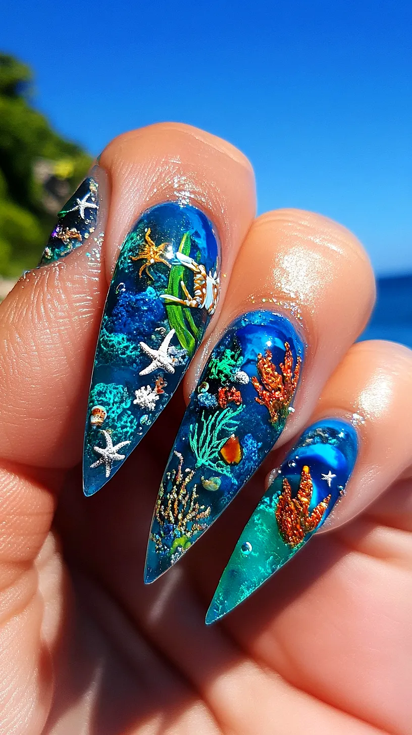 40+ Aesthetic Ocean Nails You Will Adore 30 Ocean-themed nail art featuring detailed designs of starfish, coral, and other marine elements in vibrant colors, creating an immersive underwater effect.