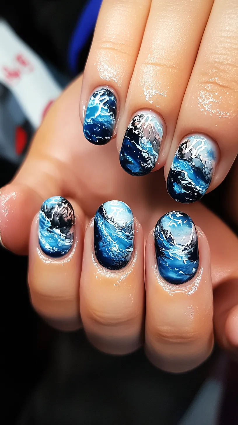 40+ Aesthetic Ocean Nails You Will Adore 39 Alt-Text: Intricate nail art design featuring detailed ocean waves and mountain shapes in a natural color palette of blues, whites, and dark tones, creating a cool, earthy vibe.
