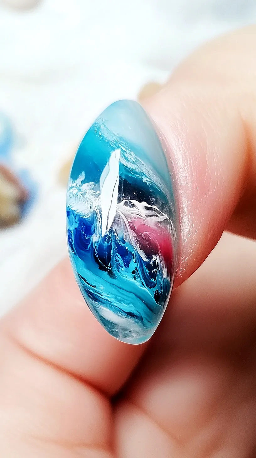 40+ Aesthetic Ocean Nails You Will Adore 23 Alt-Text: An eye-catching resin gemstone with an intricate design that resembles a vibrant ocean wave. The colours consist of beautiful blues, whites and hints of pink. The glossy finish of the resin gives the impression of holding a piece of the ocean. A truly unique and attractive piece of art.