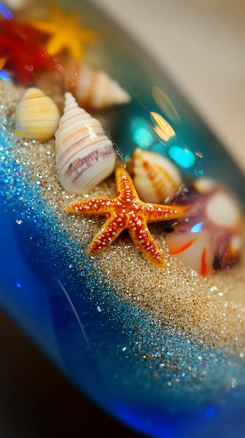 40+ Aesthetic Ocean Nails You Will Adore 2 An image showcasing a beach-themed design featuring sand layered in different shades of blue, adorned with a variety of seashells and a starfish, encapsulating a serene ocean aesthetic.
