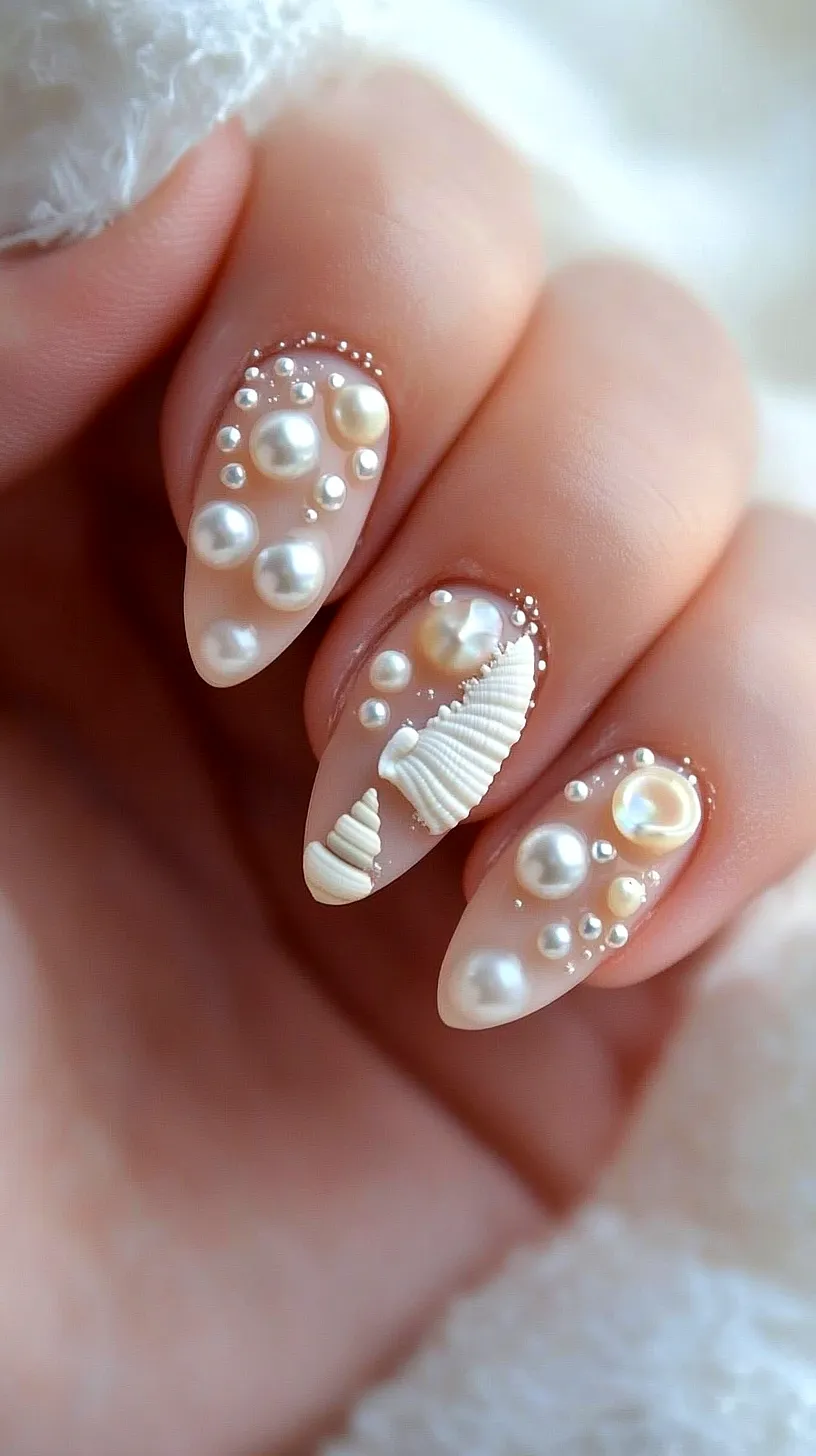 40+ Aesthetic Ocean Nails You Will Adore 34 Manicured nails adorned with intricate designs of various sized pearl-like beads and embossed shell shapes, creating a detailed and textured appearance reminiscent of seashells and pearls.