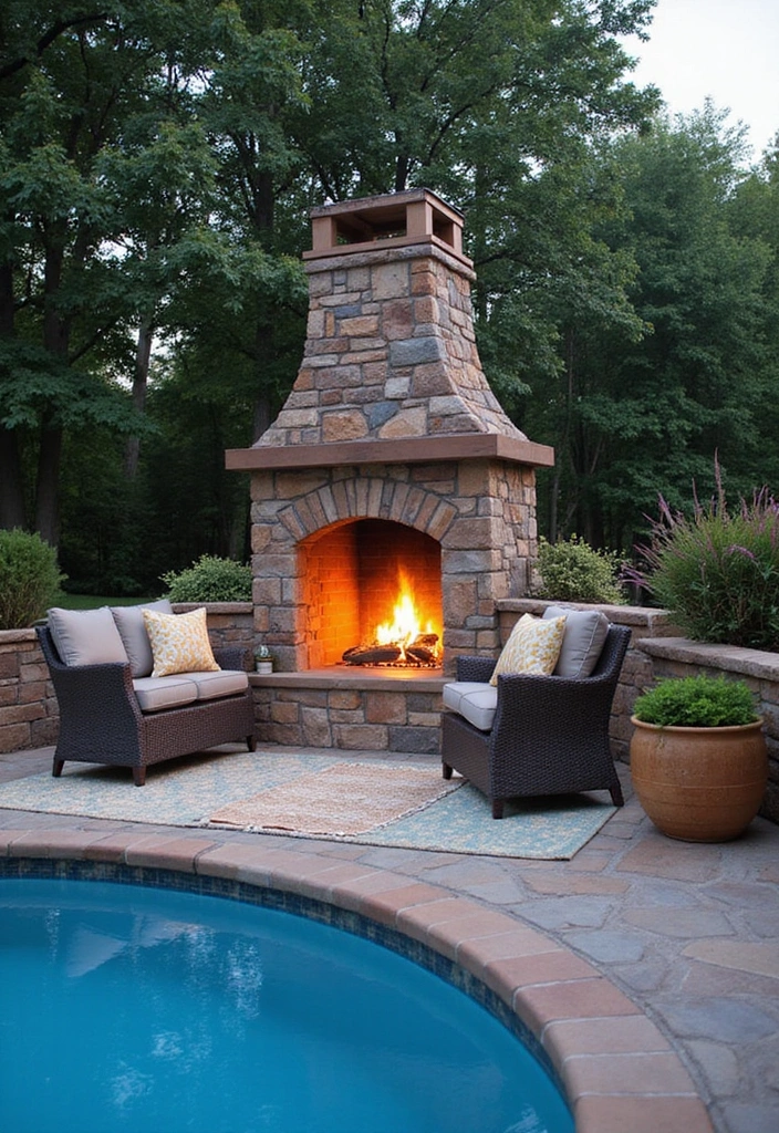 15 Stunning Pool Deck Ideas That'll Turn Your Backyard into a Dream Oasis 8 15 Stunning Pool Deck Ideas That'll Turn Your Backyard into a Dream Oasis! - 7. Rustic Stone Fire Place