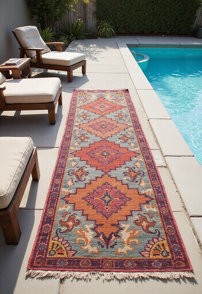 20 Creative Landscaping Ideas for a Small Backyard with Pool (Prepare to Be Inspired) 10 20 Creative Landscaping Ideas for Small Backyards with Pools (Prepare to Be Inspired!) - 9. Outdoor Rugs for Comfort and Style