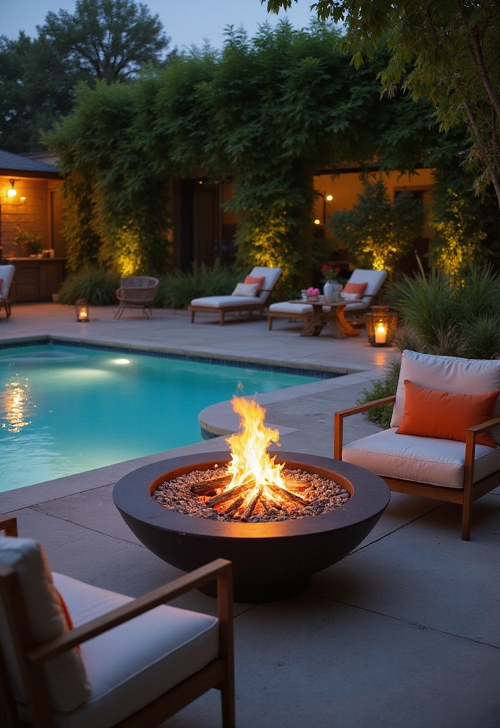20 Creative Landscaping Ideas for a Small Backyard with Pool (Prepare to Be Inspired) 4 20 Creative Landscaping Ideas for Small Backyards with Pools (Prepare to Be Inspired!) - 3. Poolside Fire Pit for Year-Round Enjoyment