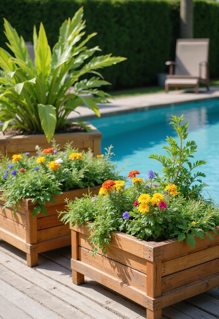 15 Creative Ways to Decorate Your Wooden Pool Deck for Summer Parties (Your Friends Will Love #8!) 6 15 Creative Ways to Decorate Your Wooden Pool Deck for Summer Parties (Your Friends Will Love #8!) - 5. Planter Boxes with Lush Greens