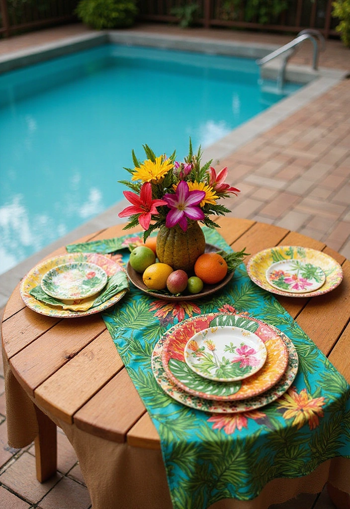 15 Creative Ways to Decorate Your Wooden Pool Deck for Summer Parties (Your Friends Will Love #8!) 5 15 Creative Ways to Decorate Your Wooden Pool Deck for Summer Parties (Your Friends Will Love #8!) - 4. Tropical Themed Table Settings