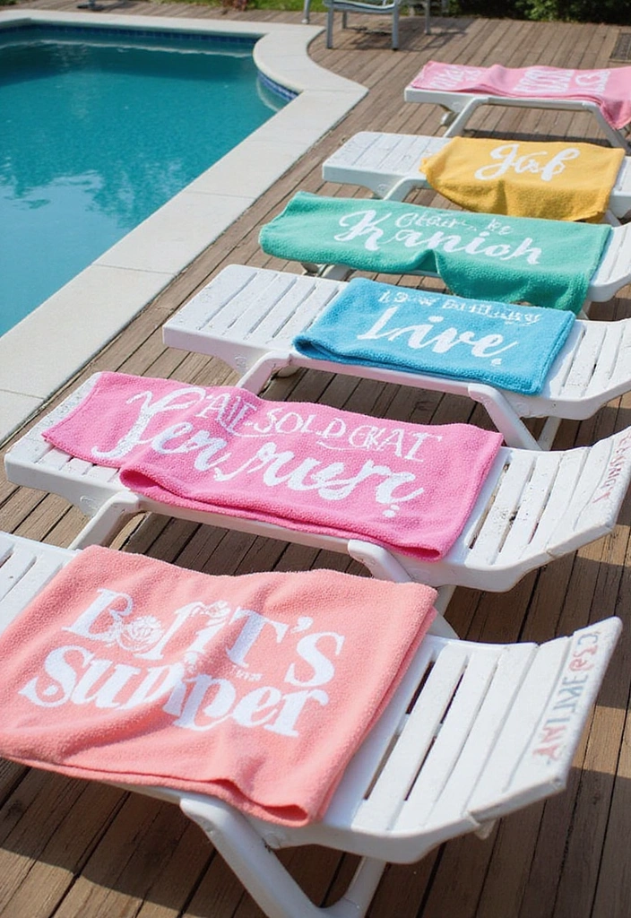 15 Creative Ways to Decorate Your Wooden Pool Deck for Summer Parties (Your Friends Will Love #8!) 11 15 Creative Ways to Decorate Your Wooden Pool Deck for Summer Parties (Your Friends Will Love #8!) - 10. Personalized Pool Towels
