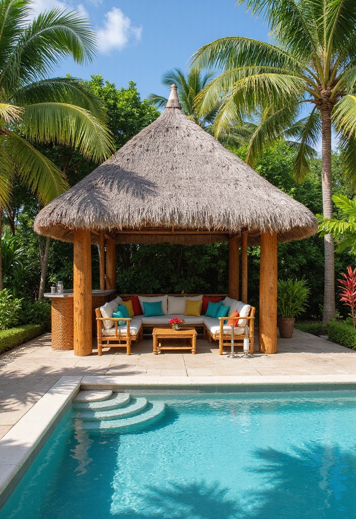 15 Stunning Pool Deck Ideas That'll Turn Your Backyard into a Dream Oasis 6 15 Stunning Pool Deck Ideas That'll Turn Your Backyard into a Dream Oasis! - 5. Tropical Retreat with Thatched Roof