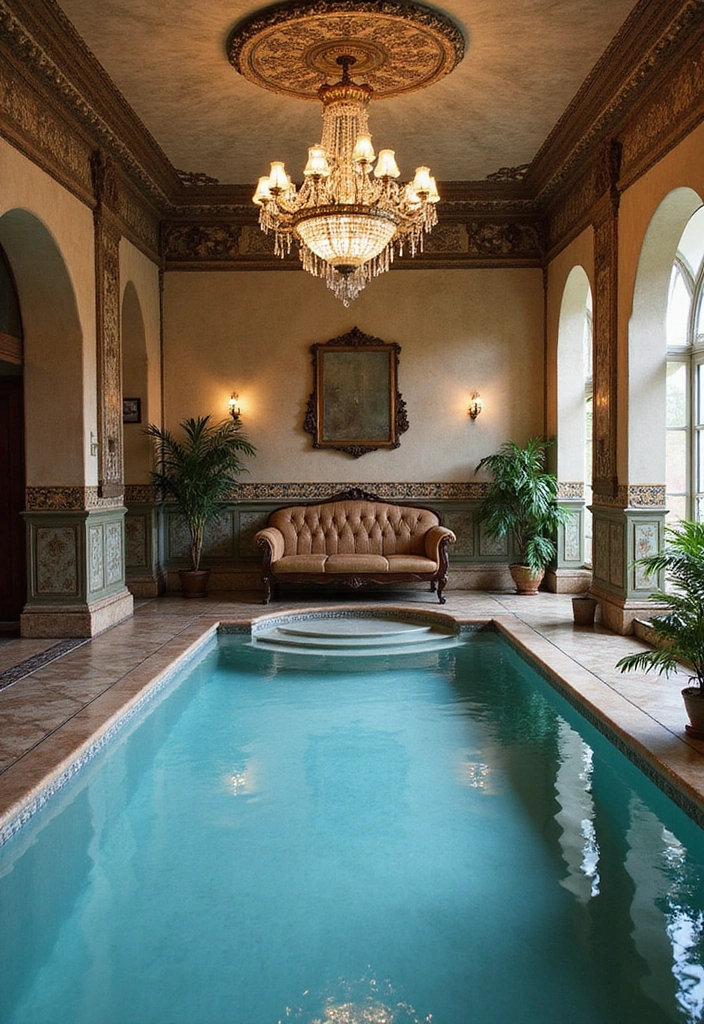 15 Indoor Pool Concepts That'll Elevate Your Home Decor to a Whole New Level 13 15 Indoor Pool Concepts That'll Elevate Your Home Decor to a Whole New Level! - 12. Vintage Glam Pool