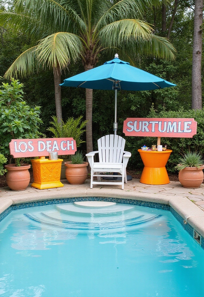 21 Stunning Pool Deck Decorating Ideas That Will Make You Want to Dive Right In 20 21 Stunning Pool Deck Decorating Ideas That Will Make You Want to Dive Right In! - 19. Personalized Pool Deck Signage